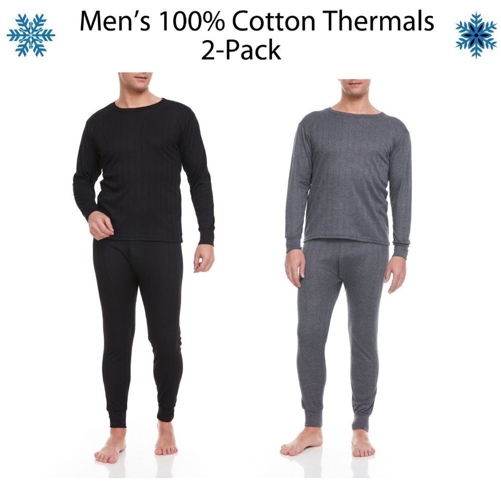 Men Thermals Baselayer Set 100% Cotton Fleece Long Johns Warm Winter 2-PACK NWT